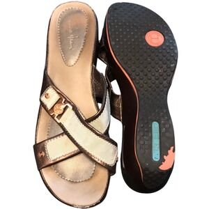 Cole Haan Nike Air Wedge Sandals Bronze Leather Cream Grosgrain Slides Women